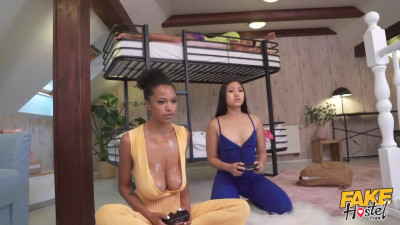 Passionate chicks May Thai and Tina Fire enjoy hardcore FFM sex