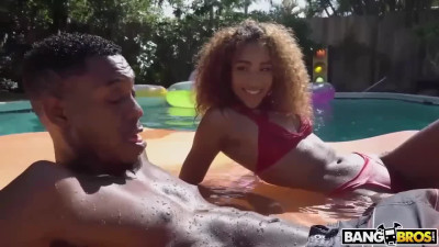 Outdoor sex by the pool with a good ebony model Brixley Benz