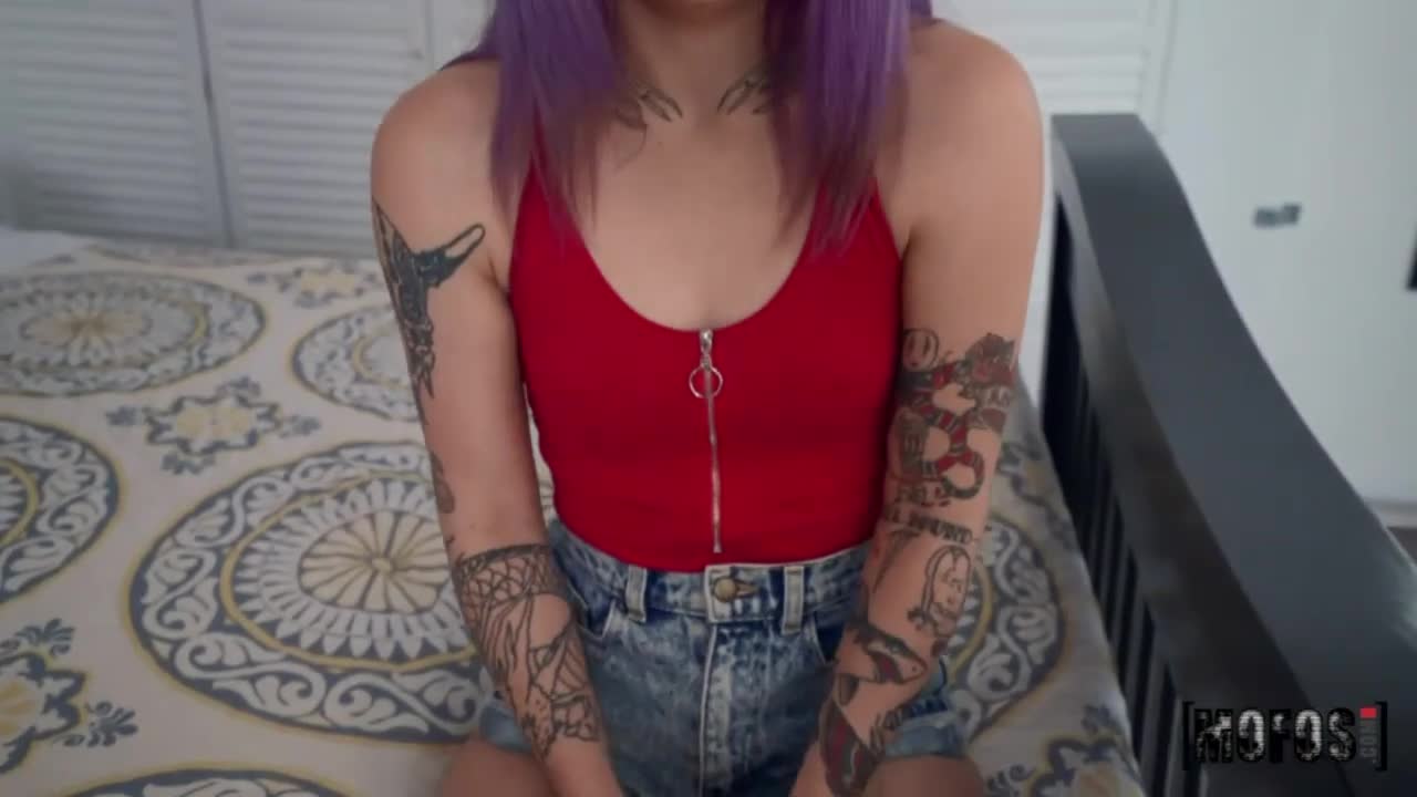 Awesome tattooed teen Val Steele rides on a big boner